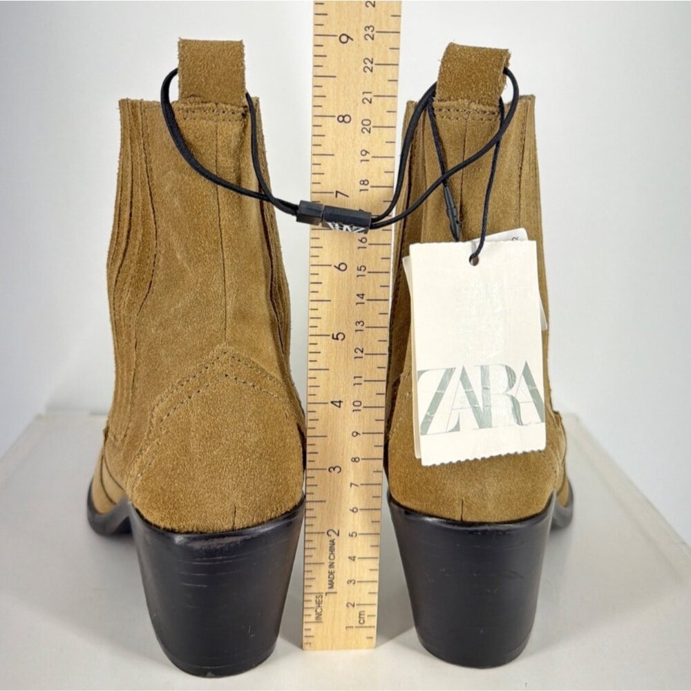 Zara Western Booties Calf Block Heel Tan Suede Boots Women Size 37 US6.5 - Picture 5 of 12